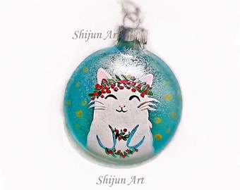 Cat Christmas Ornament: White cat with wreath ornament, round shaped, handpainted xmas Blue Glass ball