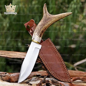 May include: A fixed-blade knife with a polished silver steel blade and a textured brown antler handle. The knife features a brass bolster and is accompanied by a brown leather sheath with decorative stitching and a metal snap button closure.