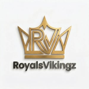 May include: A metallic gold logo featuring a stylized crown shape that incorporates the letters R and V, positioned above the text RoyalsVikingz in a bold, dark gray sans-serif font. The design has a clean, structured appearance.