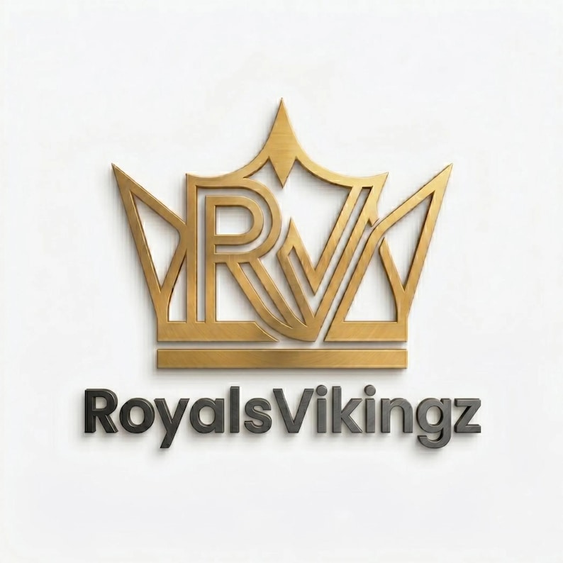 May include: A metallic gold logo featuring a stylized crown shape that incorporates the letters R and V, positioned above the text RoyalsVikingz in a bold, dark gray sans-serif font. The design has a clean, structured appearance.