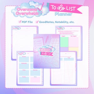 May include: A digital to-do list planner with a pastel purple and pink gradient theme. The cover and interior pages feature cloud graphics, the text Overcome Overwhelm To do LIST Planner, and sections for weekly planning, tasks, and urgent priorities.