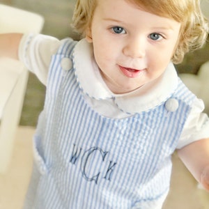 Monogrammed Light Blue Seersucker Shortall, monogram shortall, little boy jon jon, little boy romper, baby boy gift, Blue Seersucker jon jon