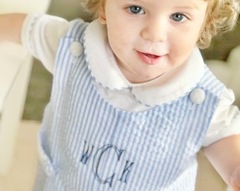 Monogrammed Light Blue Seersucker Shortall, monogram shortall, little boy jon jon, little boy romper, baby boy gift, Blue Seersucker jon jon