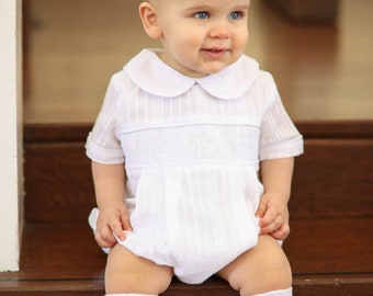 Baby Boy Baptism Outfit, White Linen Smock Cross Bubble, Baby Christening Outfit