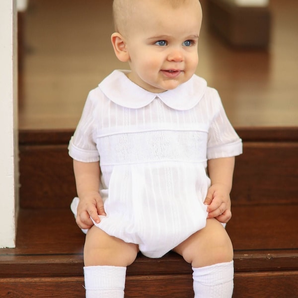 Baby Boy Baptism Outfit, White Linen Smock Cross Bubble, Baby Christening Outfit