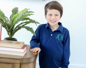 Navy Blue Long Sleeve Monogrammed Polo Shirt, Boy St Patrick’s Day Shirt, Boy Personalized gift, personalized boy navy polo st Patty’s day