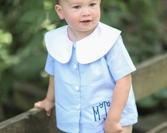 Blue Bloomer Swing Set, Boy Monogrammed bloomer set, big brother outfit, blue diaper set, gingham bloomer bottoms, boy diaper set