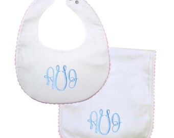 Girl Monogrammed bib set, baby monogram burp cloth, monogram baby gift, monogrammed burp cloth, personalized baby girl gift