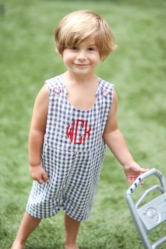Boys Light blue seersucker romper red monogram, baby boy beach outfit