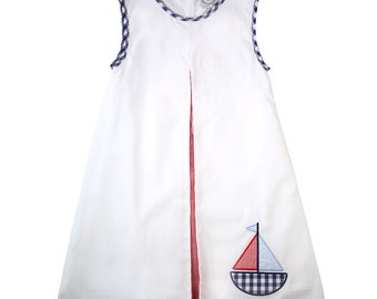 Girl sailboat outfit, girl sailboat dress, girl beach dress, girl Memorial Day, girl birthday dress, blue gingham dress, girl beach outfit