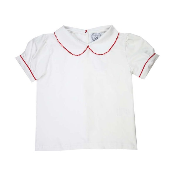 White Knit Peter Pan Collar Shirt, Classic Boy Shirt, Red trimmed Peter Pan , Girl Peter Pan Collar Shirt, kid peter pan collar shirt