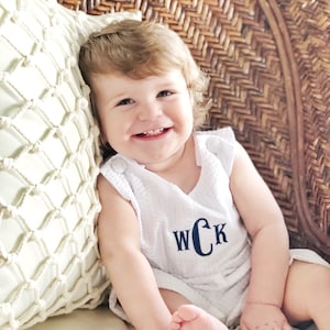 Boy Monogrammed White Seersucker Shortall, monogrammed shortall, little boy jon jon, little boy romper, New baby boy gift