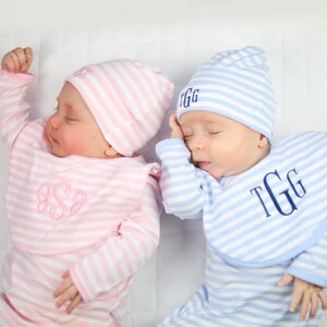 Baby Layette gown set, baby coming home outfit, baby pink stripe gown, baby blue stripe gown, baby monogrammed coming home outfit