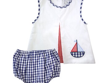Baby sailboat outfit, sailboat swing set, girl sailboat bubble, girl Memorial Day, baby girl gift, blue gingham bubble, girl beach outfit