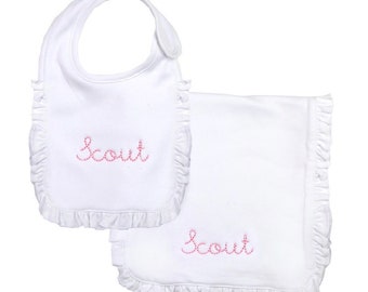 White ruffle Monogrammed bib set, baby monogram burp cloth, monogram baby gift, monogrammed burp cloth, personalized baby girl gift