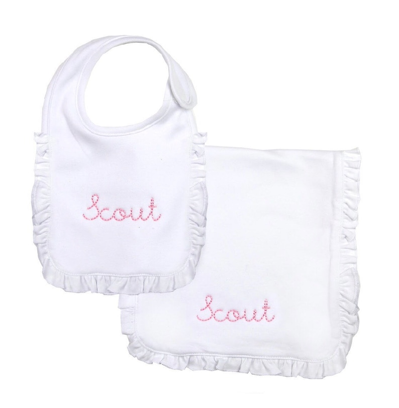 White Ruffle Monogrammed Bib Set New Baby Bib and Burp Cloth Etsy
