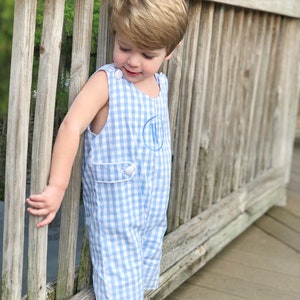 Monogrammed Light Blue Gingham Shortall, gingham monogrammed shortall, little boy  blue jon jon, little boy romper, New baby boy gift