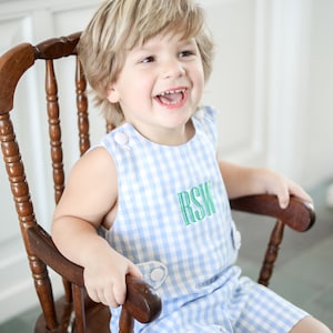 Monogrammed Light Blue Gingham Shortall, gingham monogrammed shortall, little boy  blue jon jon, little boy romper, New baby boy gift