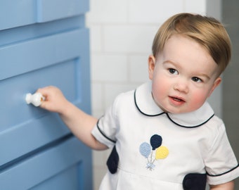 Boy Birthday Outfit, blue smocked birthday longall bubble, little boy birthday outfit, first birthday Shortall, blue smocked birthday