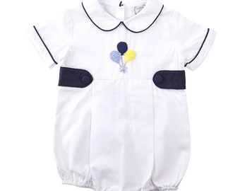 Boy Birthday Outfit, blue smocked birthday longall bubble, little boy birthday outfit, first birthday Shortall, blue smocked birthday