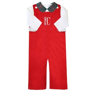 Boy Monogrammed red Longall, Red Monogrammed Longall, little boy Christmas longall, christmas jon jon, red corduroy bubble