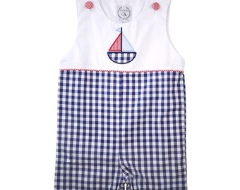 Baby sailboat outfit, sailboat jon jon, boy sailboat jon jon, Boy Memorial Day , baby boy gift, blue gingham Shortall