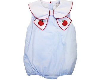 Girl Apple Bubble, Blue Gingham Apple bubble, gurl back to school outfit, girl back to school dress, red Apple romper, baby Apple romper