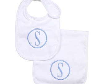 White Monogrammed bib set, monogrammed burp cloth, monogrammed baby gift, monogrammed burp cloth, personalized baby boy gift, baby boy bib