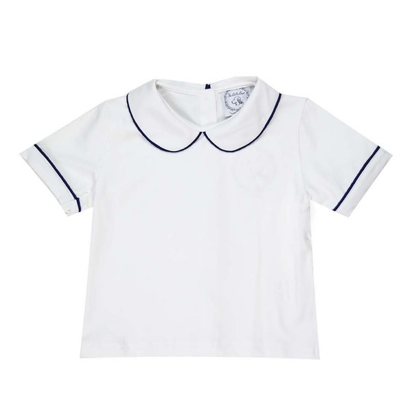 White Knit Peter Pan Collar Shirt, Classic Boy Shirt, Navy trimmed Peter Pan , Unisex Peter Pan Collar Shirt, kid peter pan collar shirt