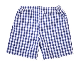 Boy Navy Gingham Shorts, Navy Gingham play shorts, Little Boy Plaid shorts, Boy blue gingham shorts, Elastic Play shorts boy