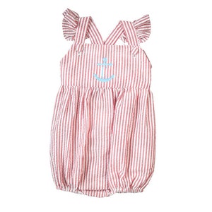 Red Seersucker Ruffle Bubble, Baby Bubble, Personalized Baby Bubble, Monogrammed Baby Gift, Baby Girl Romper, Monogramed Bubble