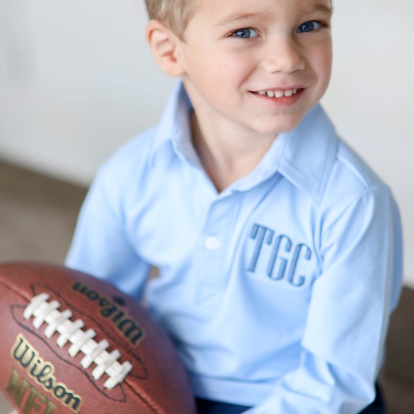 Baby Blue Long Sleeve Monogrammed Polo Shirt, Boy Polo Shirt, Boy Personalized gift, personalized boy baby blue polo