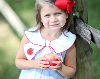 Girl Apple Dress, Blue Gingham Apple dress, gurl back to school outfit, girl back to school dress, red Apple dress, girl pleated Apple dress