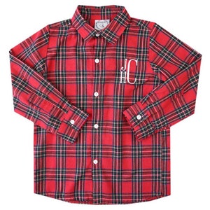 Boy Red Tartan Plaid Monogrammed Button Down Shirt, Red Plaid Dress Shirt Boy, Boy Christmas shirt, Boy Dress shirt, Holiday Dress Shirt Boy