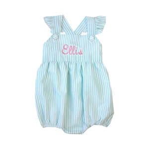 MINT Seersucker Cross-back Bubble, Baby Bubble, Personalized Baby Bubble, Monogrammed Baby Gift, Baby Girl Romper, Monogram sunsuit Bubble