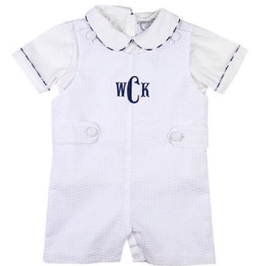 Monogrammed White Seersucker Shortall, monogrammed shortall, little boy jon jon, little boy romper, New baby boy gift