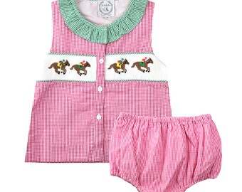 Derby horse Bloomer set, Baby horse Bloomer set, smocked Horse Bloomers,Horse jockey bubble romper, Baby Horse Romper, Kentucky derby Bubble