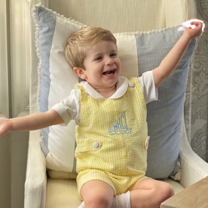 Monogrammed Yellow Seersucker Shortall, monogrammed yellow shortall, little boy seersucker jon jon, little boy romper, New baby boy gift