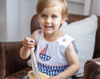 Boy sailboat Shortall, sailboat jon jon, little boy jon jon, Boy Memorial Day , baby boy gift, blue gingham Shortall