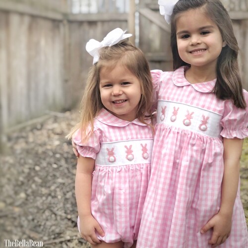 Girl Pink Gingham Smocked Bunny Dress 