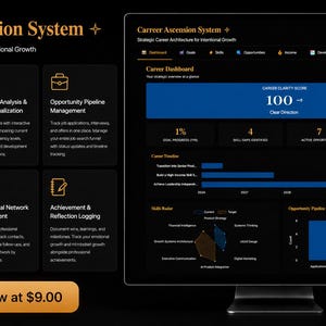 May include: A digital Career Ascension System dashboard displayed on a computer monitor, featuring a dark interface with gold text. The screen shows a career clarity score of 100, goal progress, skill gaps, and opportunity pipelines with charts.
