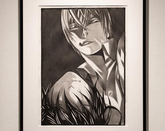 Kira et L , Death Note. Dessin au crayon noir et blanc : téléchargement numérique d'art amusant d'anime.