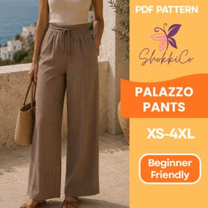 Puede incluir: Pantalones palazzo marrones con finas rayas verticales y cintura con cordón. La imagen también presenta el texto "PDF Pattern", "Palazzo Pants", "XS-4XL" y "Beginner Friendly".