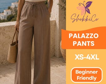 May include: Brown palazzo trousers with vertical pinstripes and a drawstring waist. The image also features text that reads "PDF Pattern," "Palazzo Pants," "XS-4XL," and "Beginner Friendly."