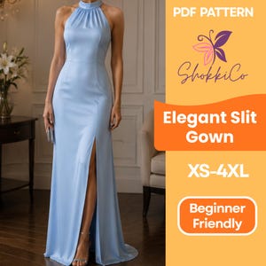 Könnte beinhalten: Hellblaues Neckholder-Kleid mit hohem Schlitz. Das bodenlange Kleid ist aus glattem, satinartigem Stoff gefertigt. Das Bild enthält den Text "PDF Pattern", "Elegant Slit Gown", "XS-4XL" und "Beginner Friendly".
