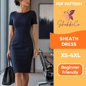 May include: A navy blue sheath dress with short sleeves and a round neckline. The text on the right side reads: PDF PATTERN, ShokkiCo, SHEATH DRESS, XS-4XL, Beginner Friendly. The dress features vertical seam detailing along the front torso.