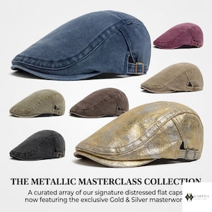 Può includere: Una collezione di coppole in vari colori, tra cui blu, bordeaux, beige, marrone, nero e una finitura metallizzata oro e argento. Ogni cappello presenta un cinturino di regolazione laterale. Testo: THE METALLIC MASTERCLASS COLLECTION.