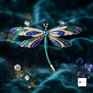 Puede incluir: Un broche de libélula en metal dorado con alas de esmalte azul y verde vibrante y detalles de cristales transparentes. El cuerpo del insecto incluye una piedra ovalada azul central, dos pequeños ojos negros y una larga cola turquesa segmentada.