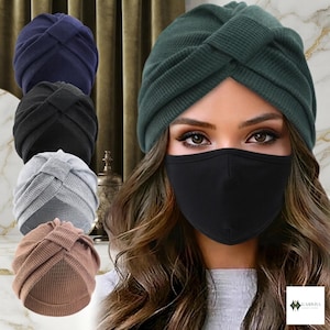 May include: A collection of waffle-knit turbans in dark blue, black, gray, and tan, alongside a dark green turban worn with a solid black face mask. The image includes a small logo in the corner with the text KASHMIRA LUXURY STORE.
