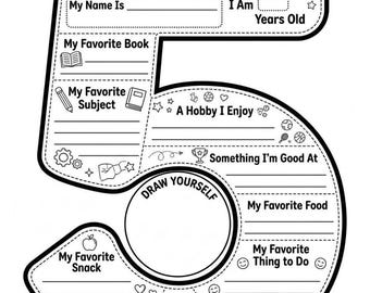 May include: A black and white printable worksheet shaped like the number five with the title ALL ABOUT ME I'm a 5th Grader! It includes sections for name, age, favorite book, subject, hobby, skills, food, activities, a self-portrait circle, and future goals.